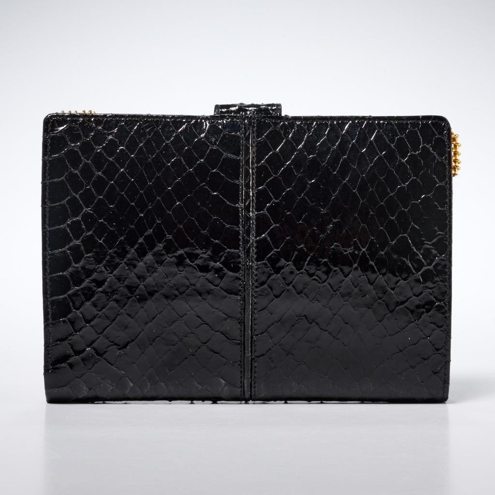 Judith Leiber Black Snakeskin Leather Ladies Tri-Fold Wallet Gold Tone Hardware - Picture 2 of 6